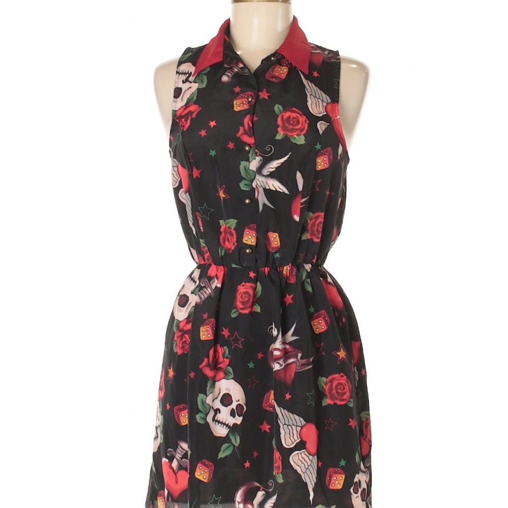 Black and Red Sleeveless Dress with Skull and Rose Print